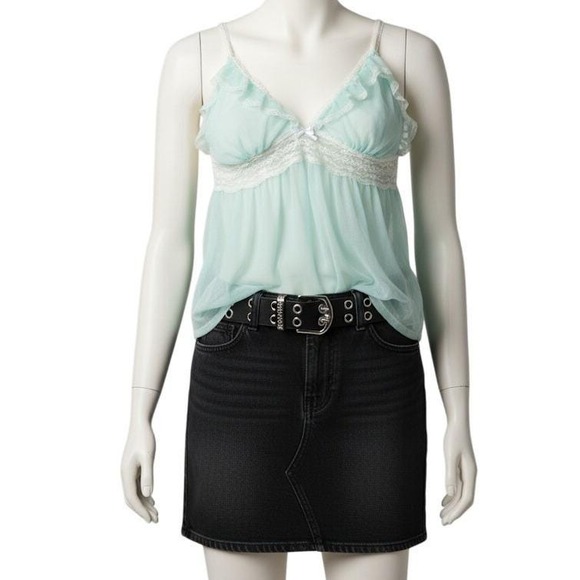 Betsey Johnson Aqua Blue Babydoll Lingerie Lace Trim Ruffle‎ Halter Y2K - Picture 3 of 12